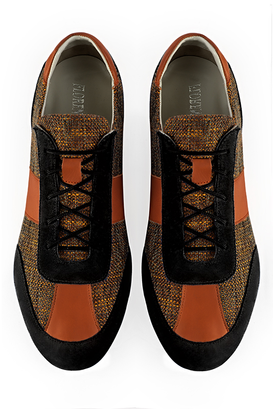 Matt black and terracotta orange two-tone dress sneakers for men. Round toe. Flat rubber soles. Top view - Florence KOOIJMAN